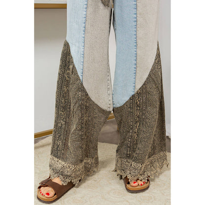 Montana Boho Mixed-Media Lace Hem Tie-Waist Flare Pants