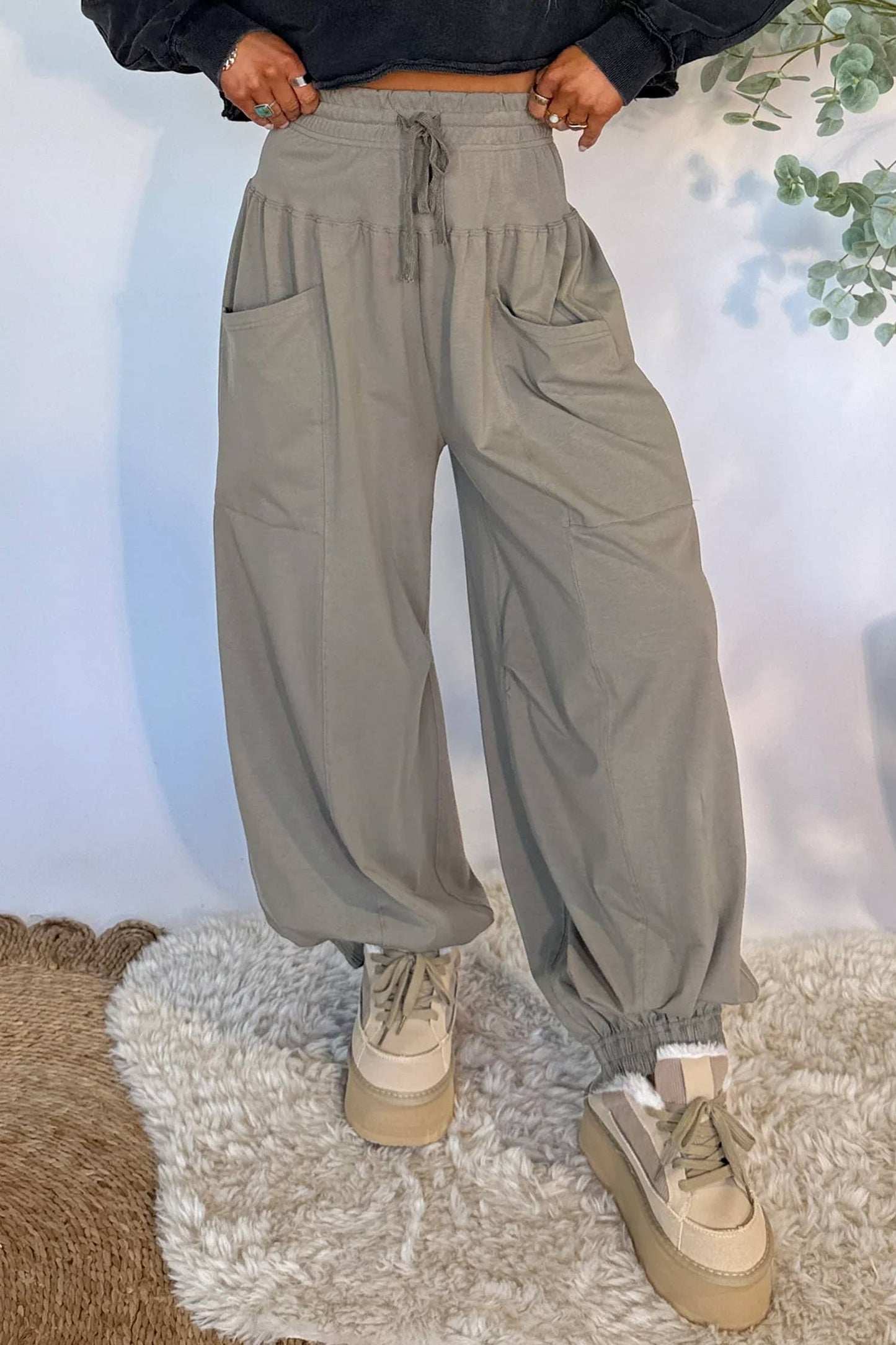 Cozy Comfort Series; Elastic Waist Drawstring Wide Leg Full Length Pants