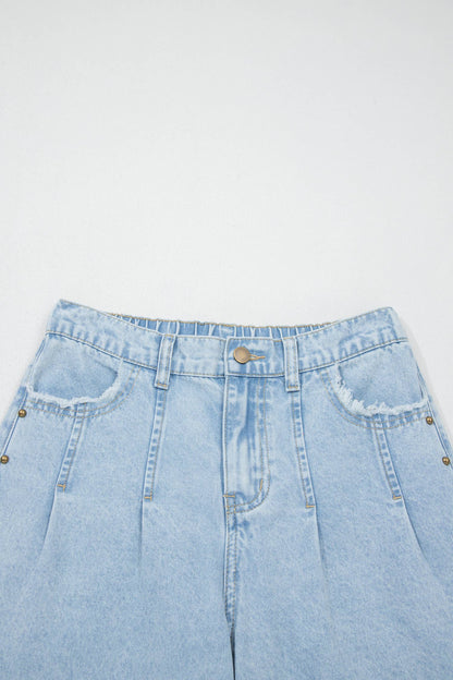 Studded Side Slit Leg Frayed Pocketed Wide Leg Jeans