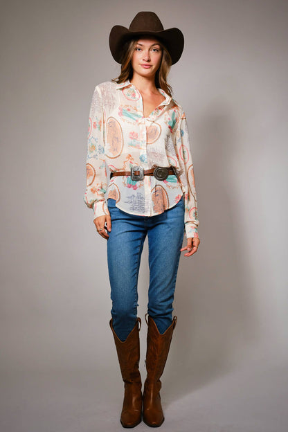 Montana Boho Western Spirit: Western Print Chiffon Shirt