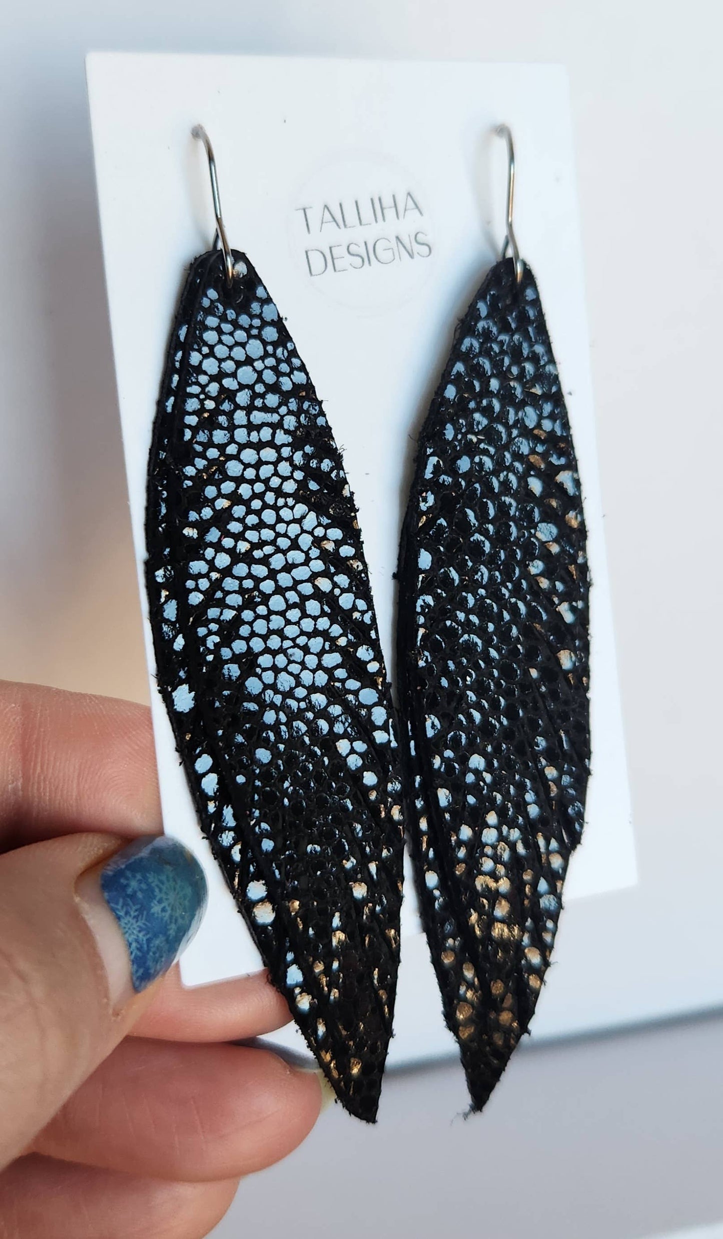 Black Stingray Genuine Leather Boho Feather Fringe Earrings: Montana Boho Western Spirit Jewelry: