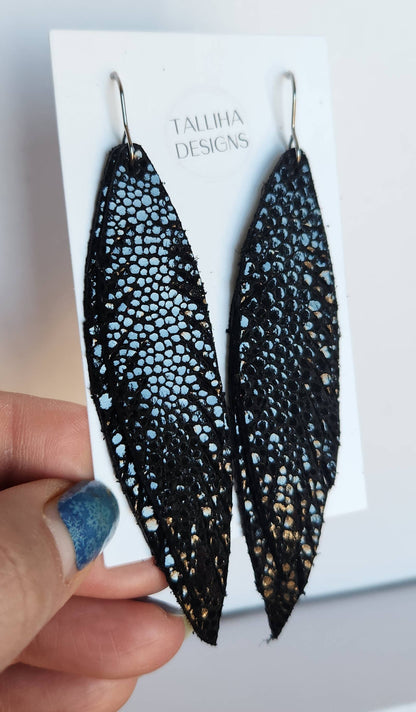 Black Stingray Genuine Leather Boho Feather Fringe Earrings: Montana Boho Western Spirit Jewelry: