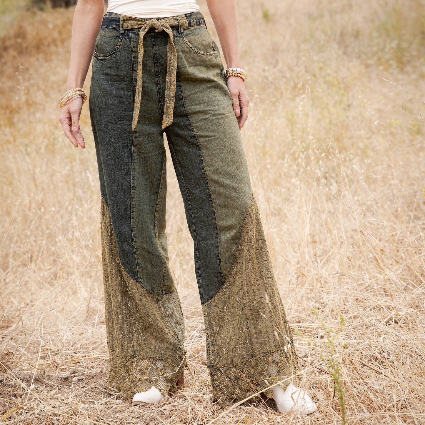 Montana Boho Mixed-Media Lace Hem Tie-Waist Flare Pants