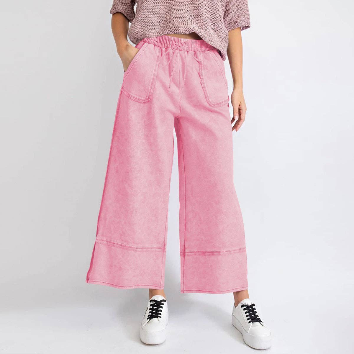 Casual High-Waist Tie-Belt Washed Draped Wide-Leg Pants