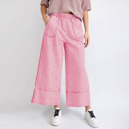 Casual High-Waist Tie-Belt Washed Draped Wide-Leg Pants