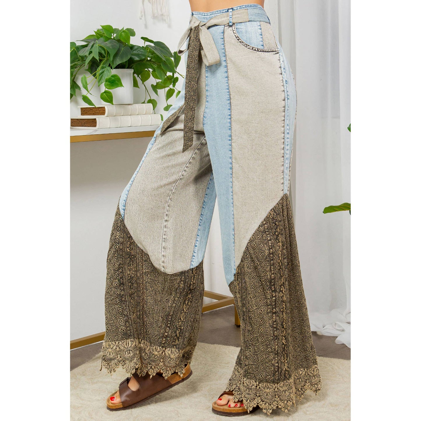 Montana Boho Mixed-Media Lace Hem Tie-Waist Flare Pants
