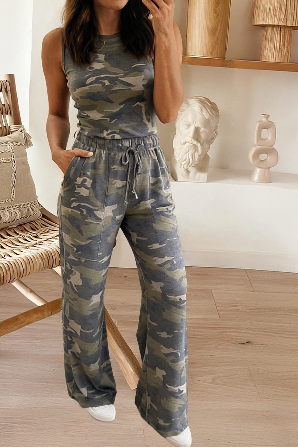 HOT—2026: CAMO-GIRL: Camouflage Print Slim Tank Drawstring Pant Set