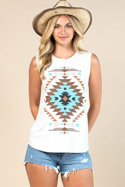 Montana Boho/Western Spirit Fashion: BARB AZTEC GRAPHIC SLEEVELESS TOP