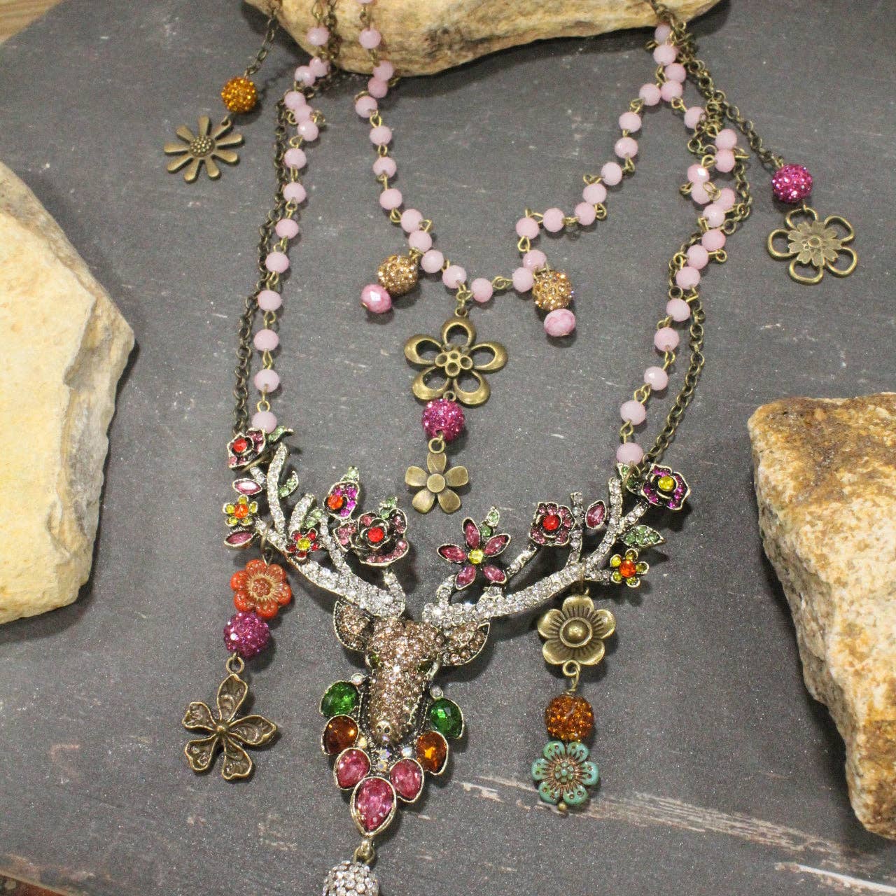 Dolled Up Doe & Flowers Layered Necklace: FREE SPIRIT DREAMER Series: Boho & Free-People loving styles.