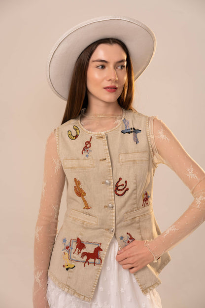 Simply Irresistible, Be the showstopper: Motif Embroidery Fitted Denim Vest