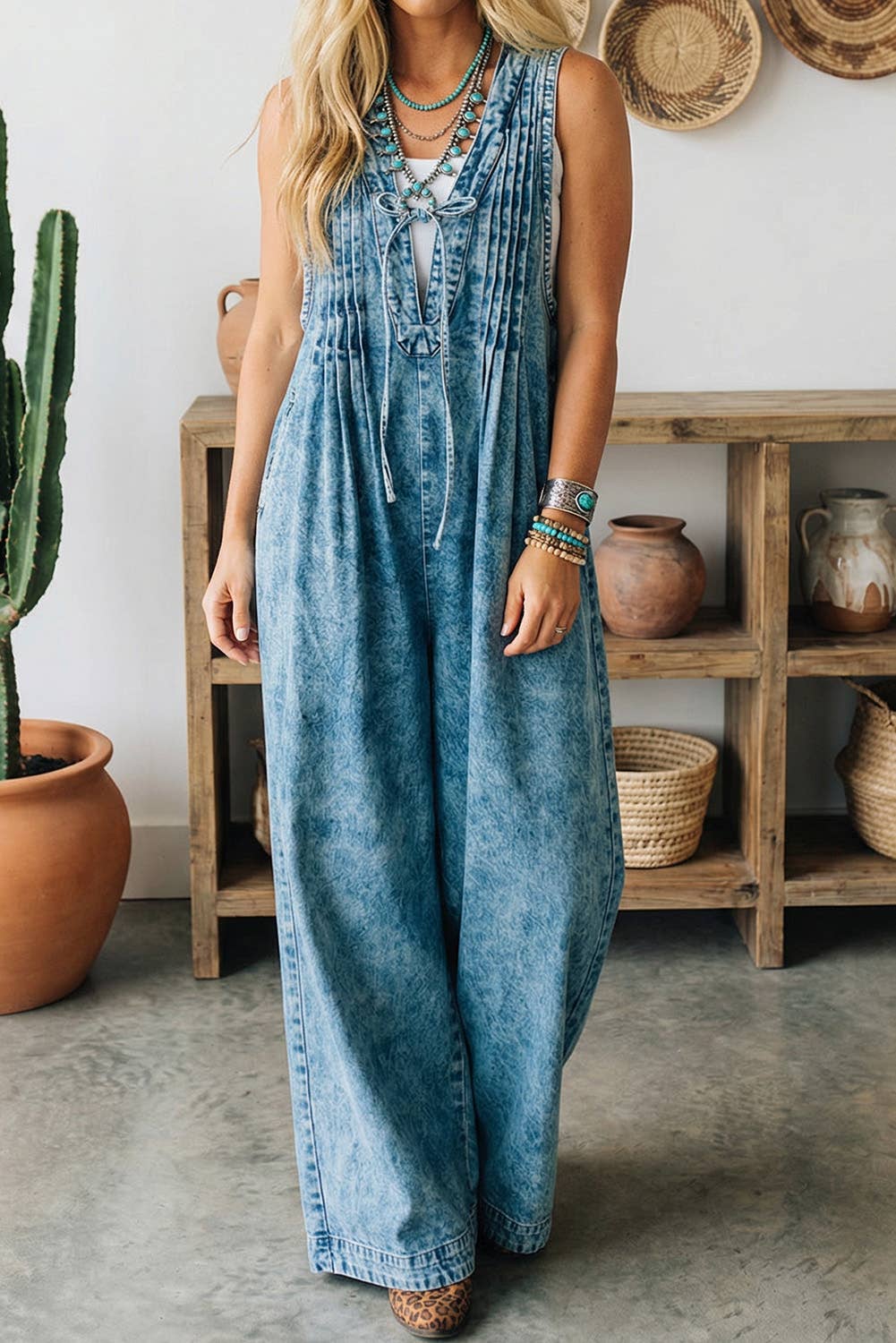 FREE SPIRIT DREAMER Series: Solid Western Acid Wash Tie Neck Pintuck Wide Leg Jumpsuit