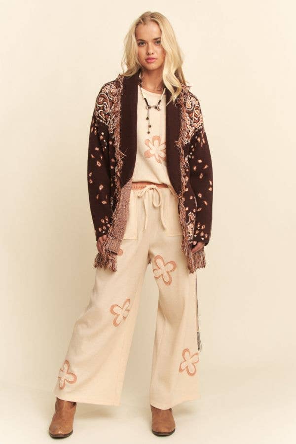 FREE SPIRIT DREAMER Series: FRINGE TRIM JACQUARD KNIT BELTED CARDIGAN