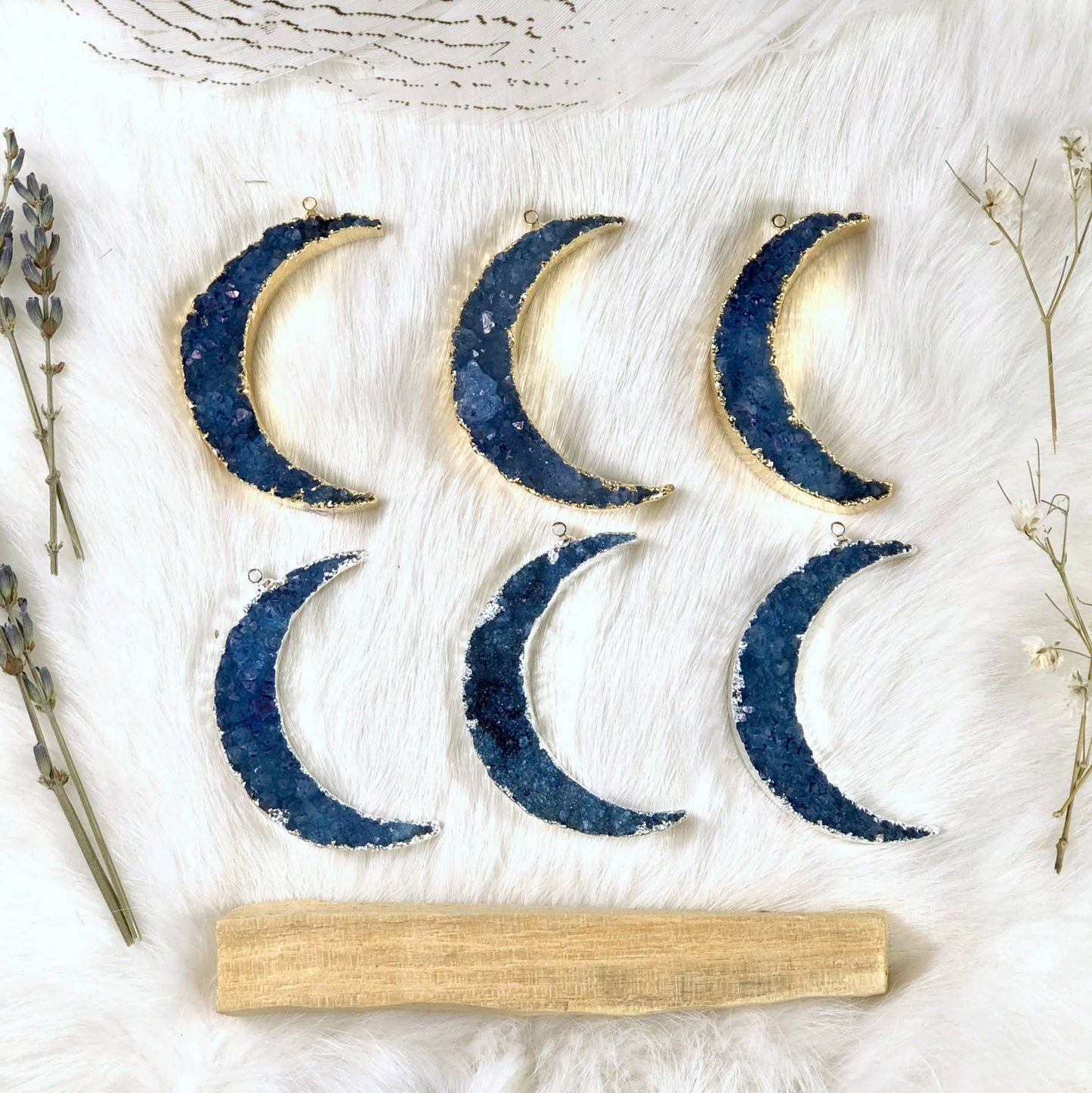 Druzy Moon Pendants with Electroplated 24k Gold/Silver Edge
