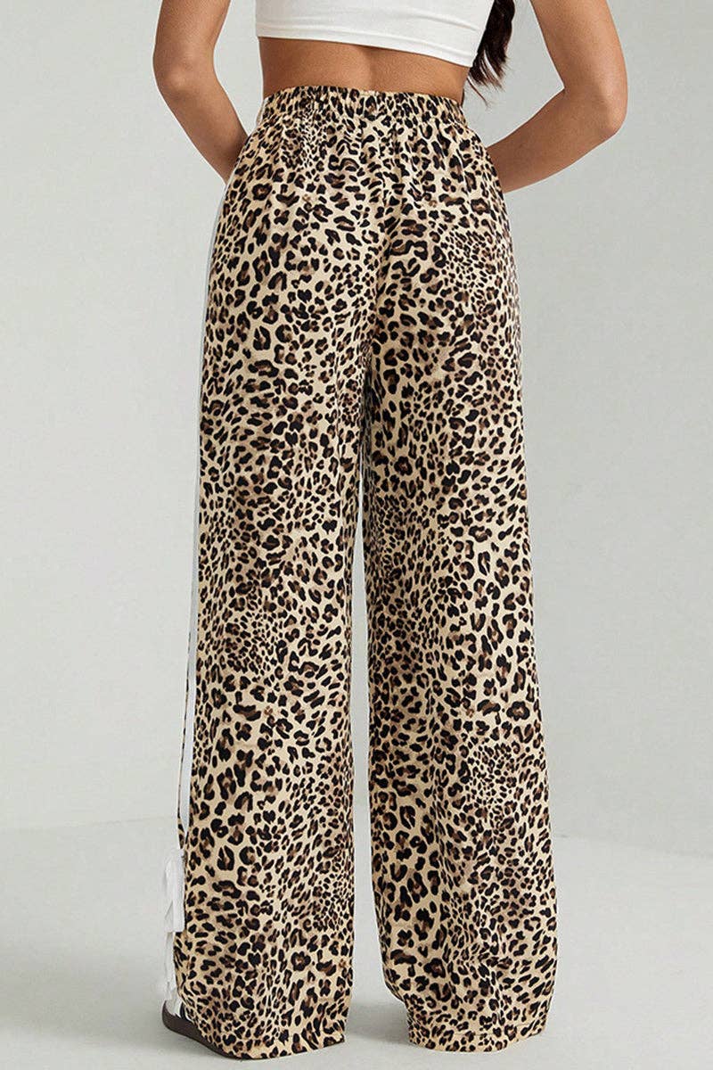 Leopard Print Stripe Casual Pants (Adorable three draw-string bows on hem)