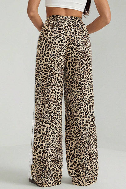 Leopard Print Stripe Casual Pants (Adorable three draw-string bows on hem)