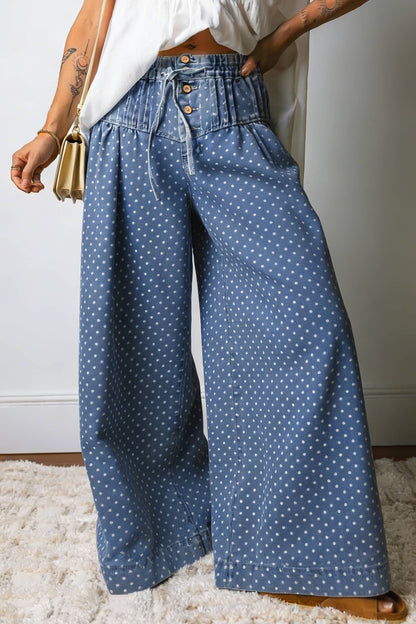 FREE SPIRIT DREAMER Series: Stripe Button Pleated Drawstring Waist Casual Wide Leg Jeans