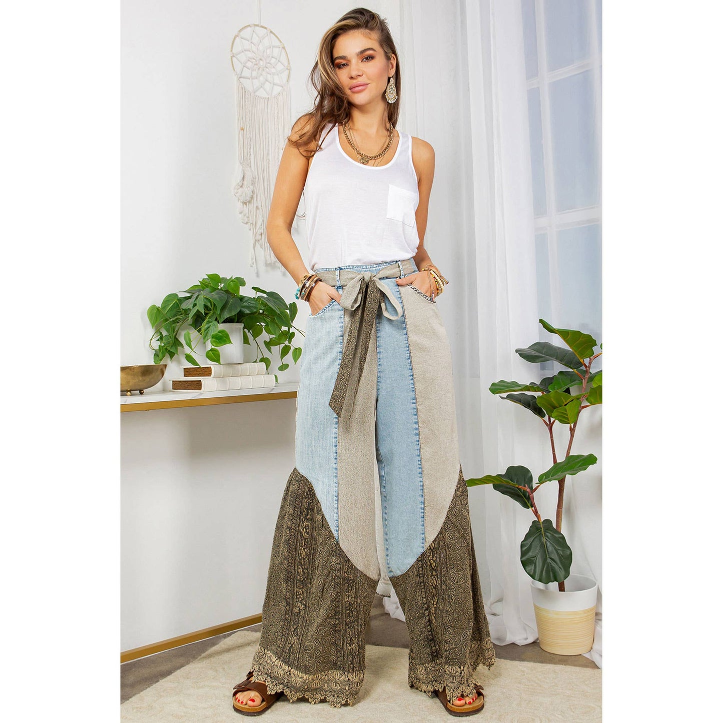 Montana Boho Mixed-Media Lace Hem Tie-Waist Flare Pants