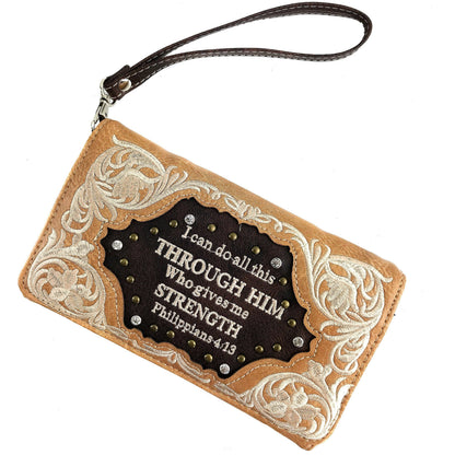 Montana Boho/Western Spirit Handbag: Bible Verse Philippians 4:13 Embroidery Crossbody Wallet