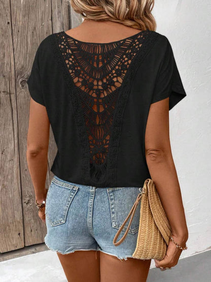 Backless Crochet Short-Sleeve T-Shirt Top— FREE SPIRIT DREAMER Series: Boho & Free-People loving styles.