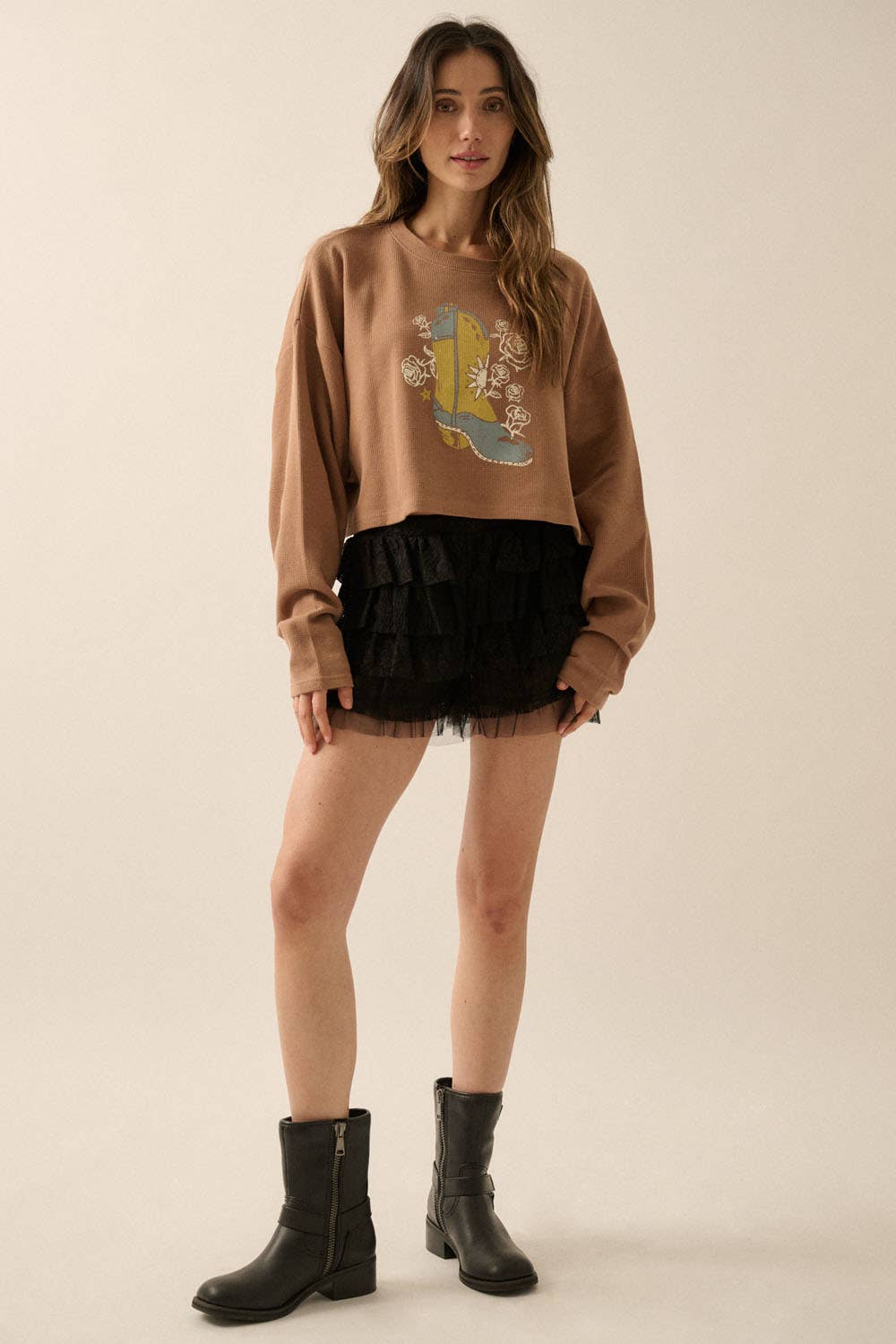 Montana BOHO: Cowboy Boot and Roses Cropped Thermal Graphic Top
