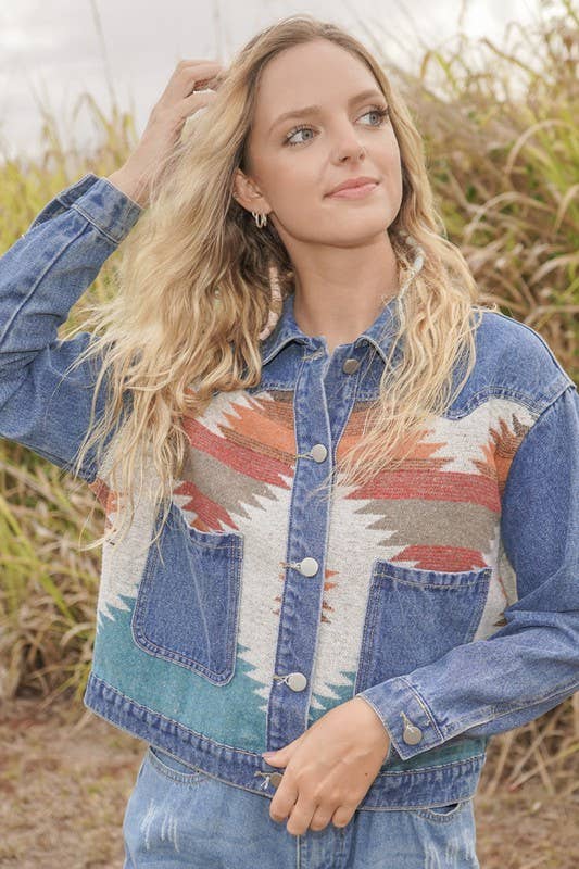 Denim Jacket with contrast fabric Aztec Print