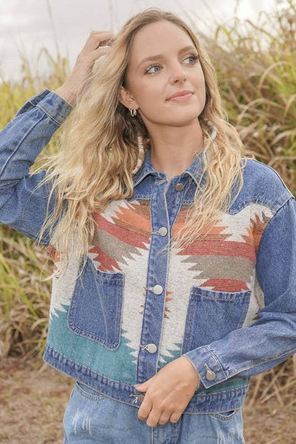 Denim Jacket with contrast fabric Aztec Print