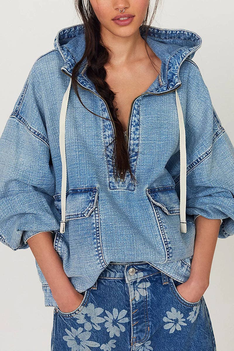Montana Boho Western Spirit Fashion: Oversized Pullover Denim Hoodie