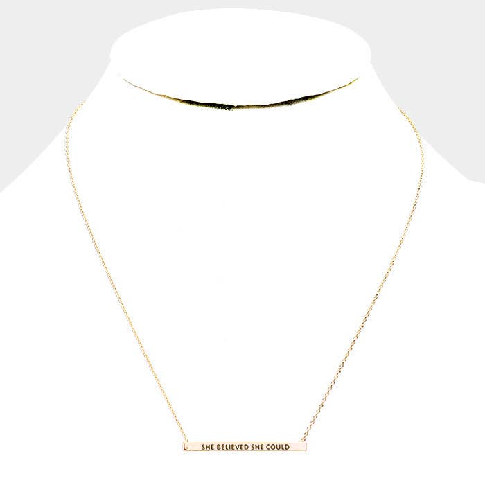 'She Believed She Could' Horizontal Metal Bar Pendant Necklace: Montana Boho Western Spirit Jewelry