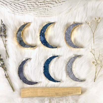 Druzy Moon Pendants with Electroplated 24k Gold/Silver Edge