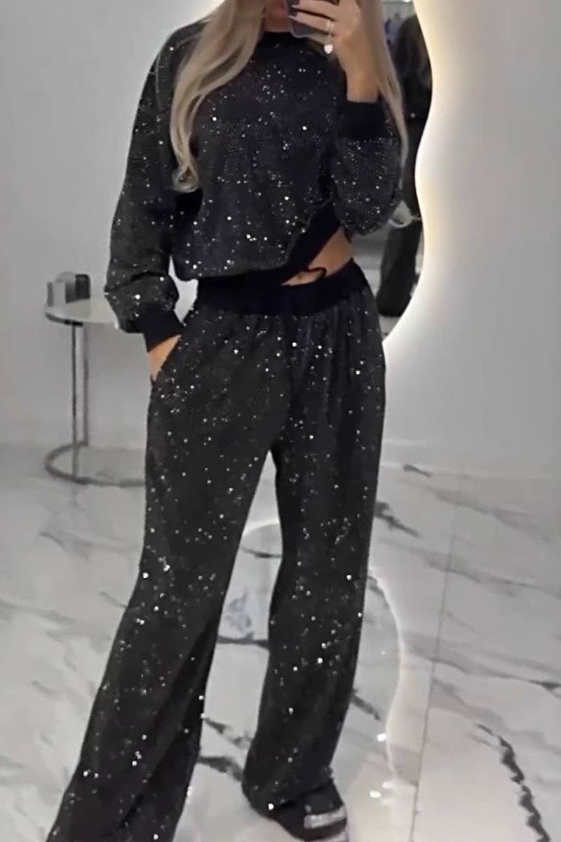 Show-Stopping Comfort: Sparkling sequin allover; wide-leg pant set