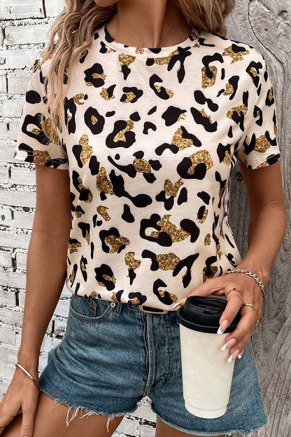Montana Boho/Western Essentials: Leopard Print Round Neck Casual T Shirt