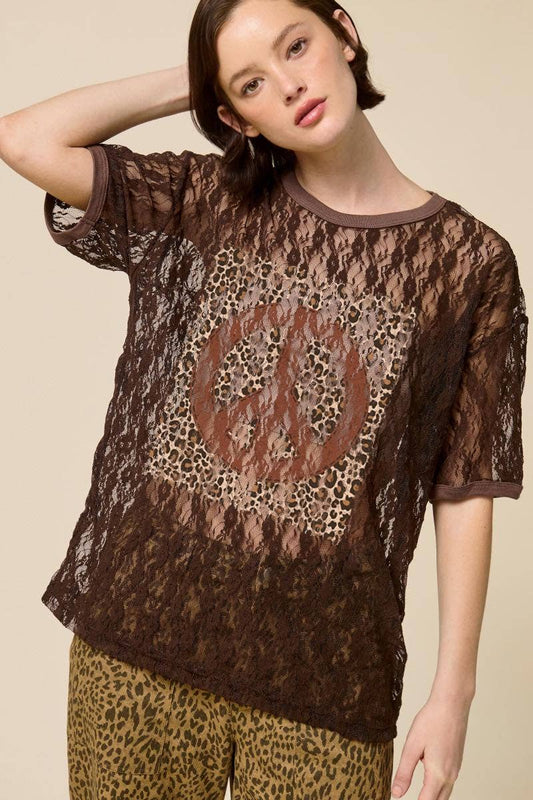 Leopard Peace Vintage Graphic Sheer Lace Tee
