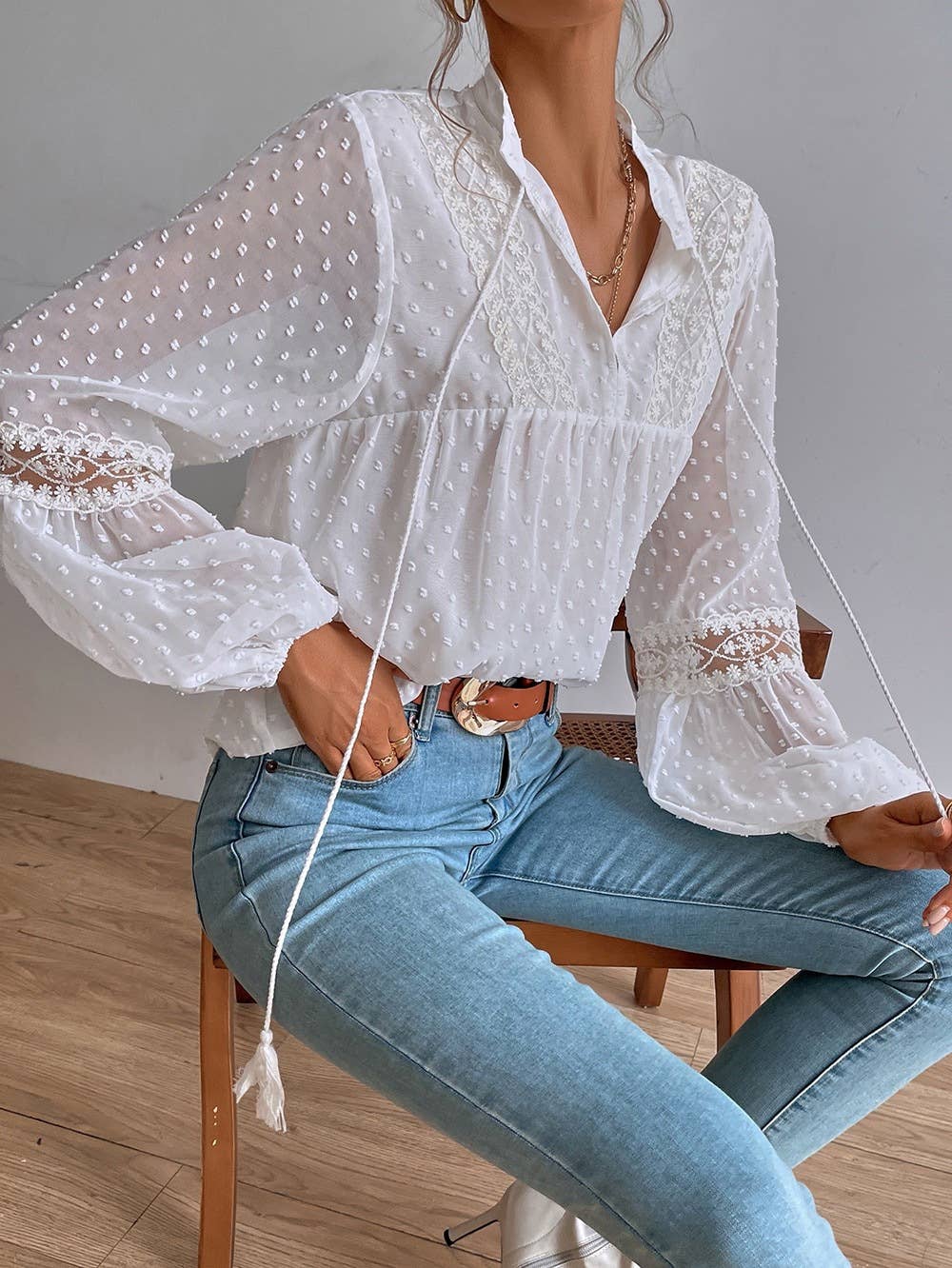 FREE SPIRIT DREAMER Series:Boho Polka Dot Sheer Lace Chiffon Blouse