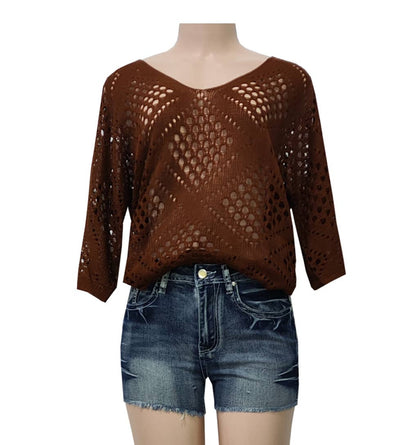 Bohemian Hollow Batwing Sleeve Crochet Poncho Top