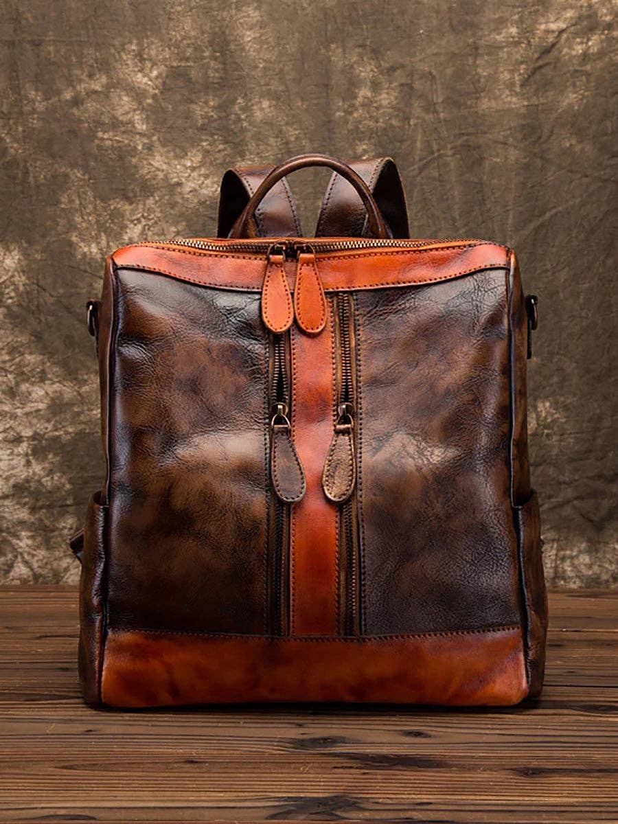 Casual Travel Color Matching Leather Backpack BROWN