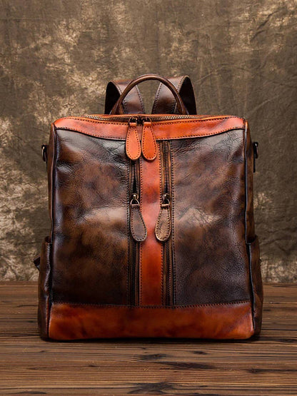 Casual Travel Color Matching Leather Backpack BROWN