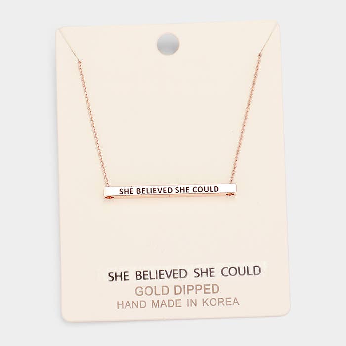 'She Believed She Could' Horizontal Metal Bar Pendant Necklace: Montana Boho Western Spirit Jewelry