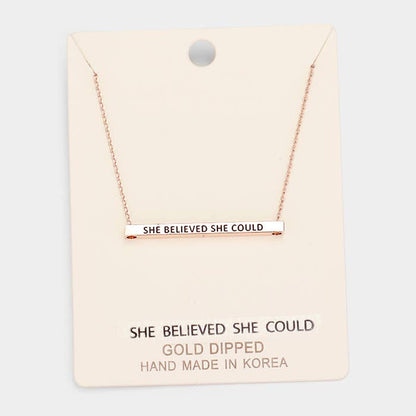 'She Believed She Could' Horizontal Metal Bar Pendant Necklace: Montana Boho Western Spirit Jewelry