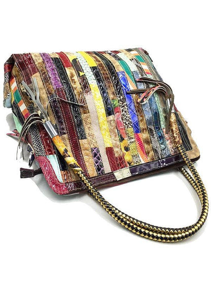Montana Boho Western Spirit Fashion: This yummy fashion speaks to your boho western spirit, and this statement is a true Yellowstone-Vibe: Split-joint Striped Shoulder Sling Leather Bag