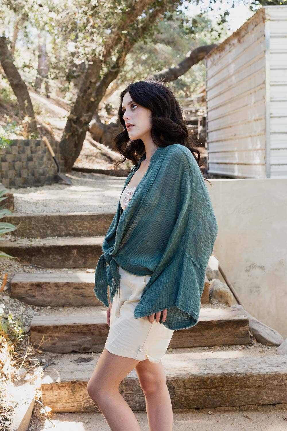 Crinkled Kimono Wrap - Fall Transition Essential (Teal)