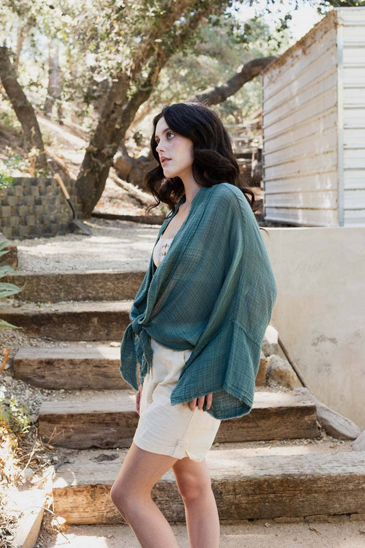 Crinkled Kimono Wrap - Fall Transition Essential (Teal)