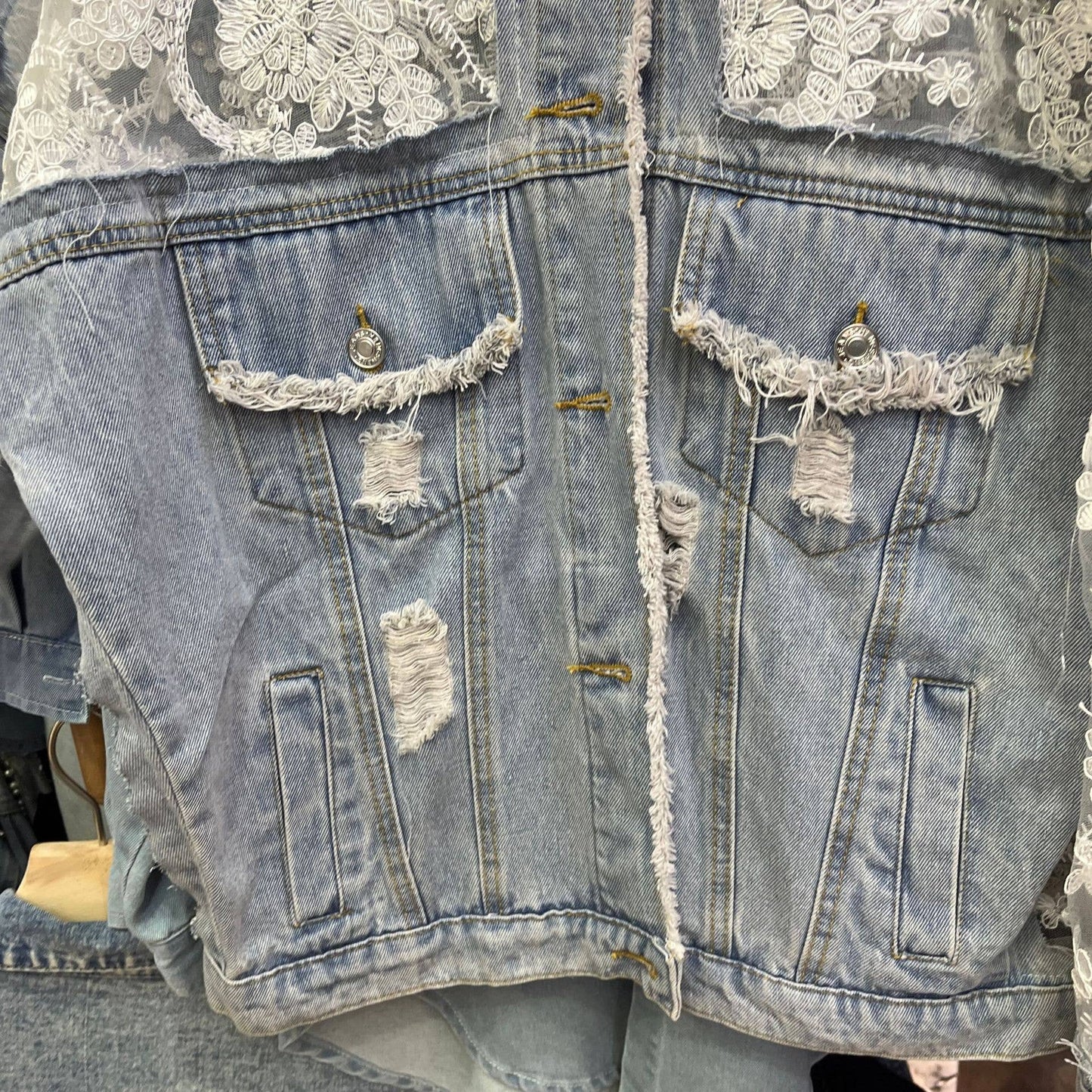 Sheer Floral Lightweight Embroidered Lace Denim Jacket— Montana Boho Western Spirit Fashion: