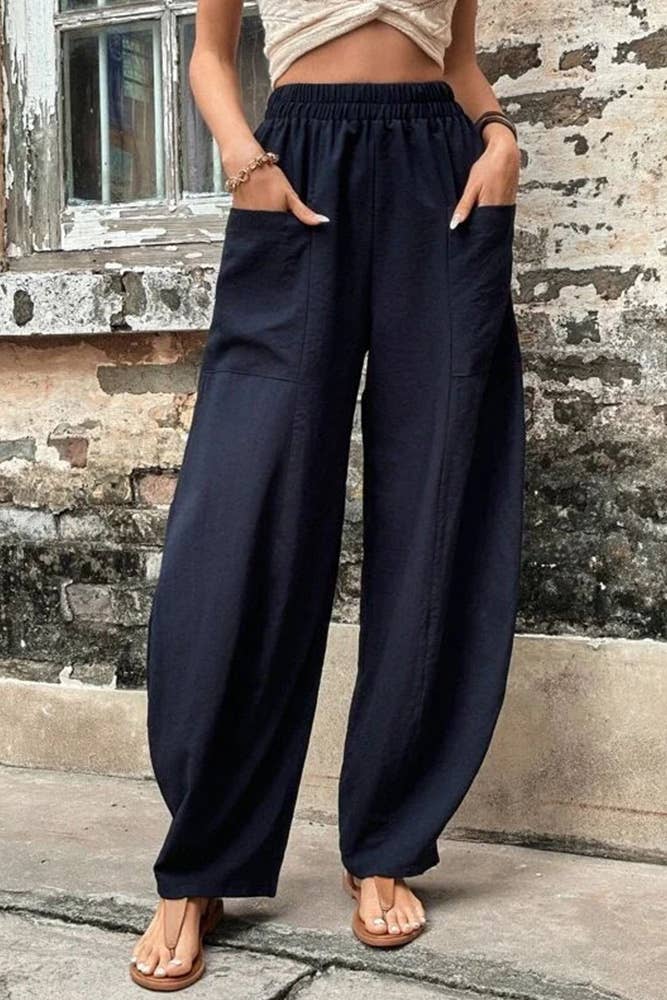 Casual Wanderer COMFY Series: Plain Elastic Waist Pockets Wide Leg Pants
