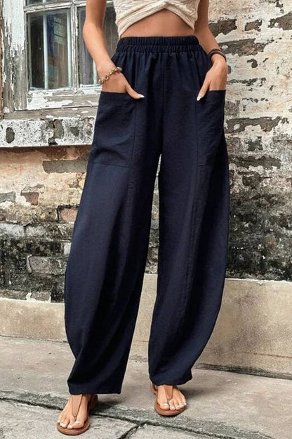 Casual Wanderer COMFY Series: Plain Elastic Waist Pockets Wide Leg Pants
