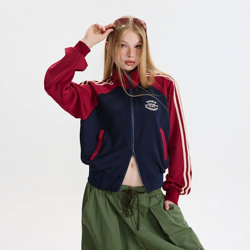 Color Block Striped Short Jacket With Stand Collar (Creme & Black)