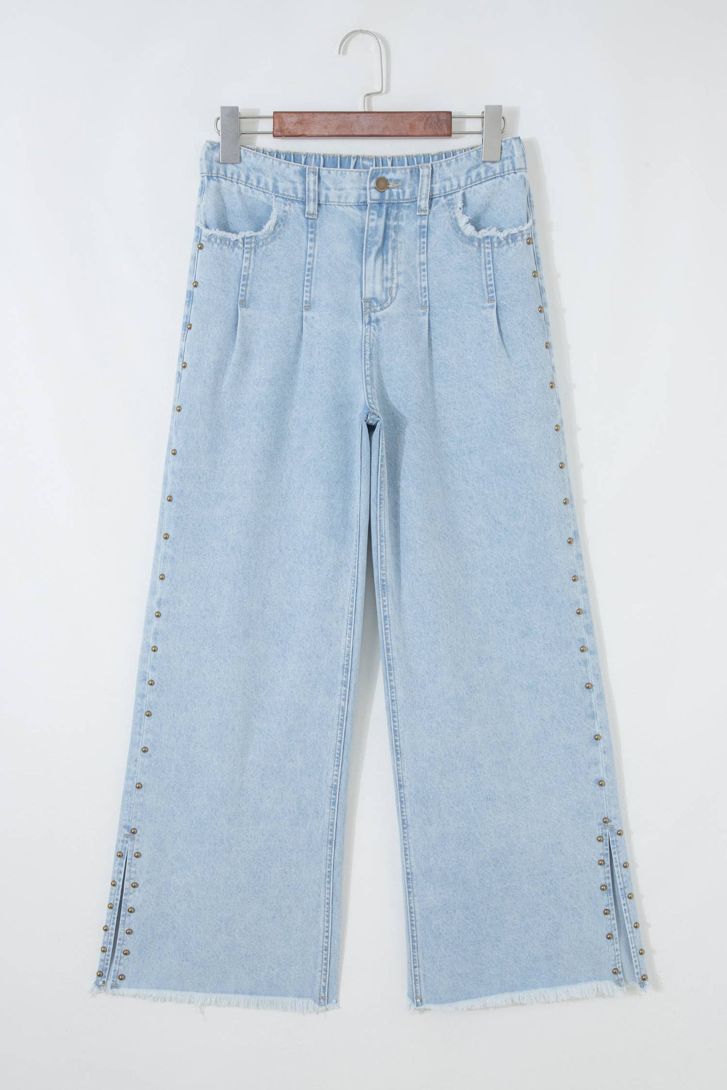 Studded Side Slit Leg Frayed Pocketed Wide Leg Jeans