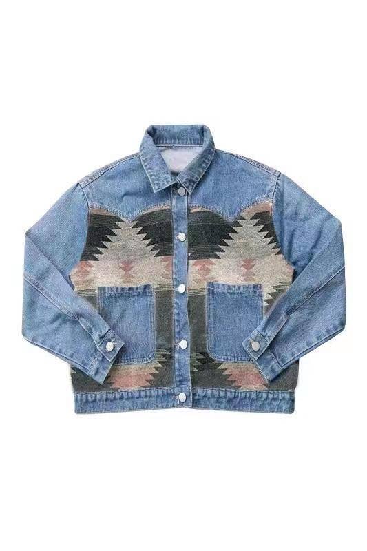 Denim Jacket with contrast fabric Aztec Print