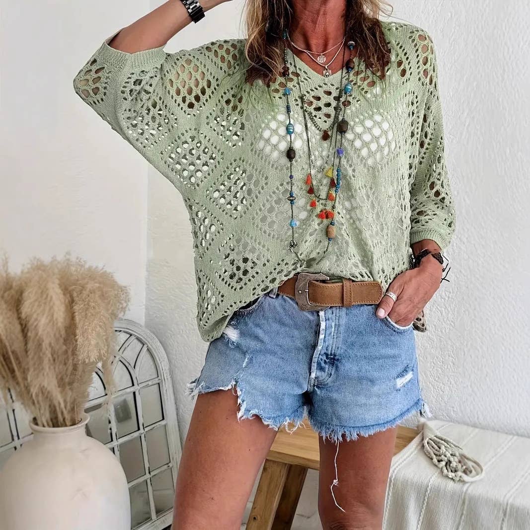 Bohemian Hollow Batwing Sleeve Crochet Poncho Top