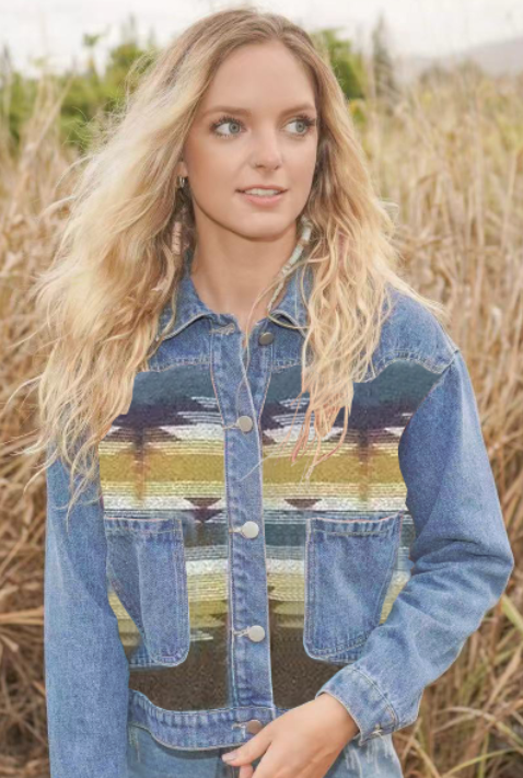 Denim Jacket with contrast fabric Aztec Print