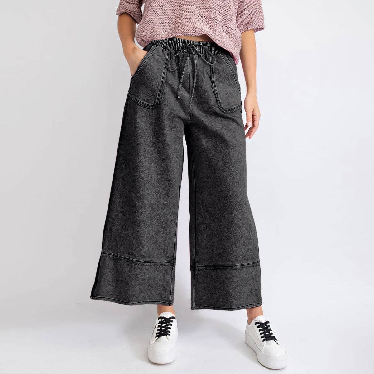 Casual High-Waist Tie-Belt Washed Draped Wide-Leg Pants